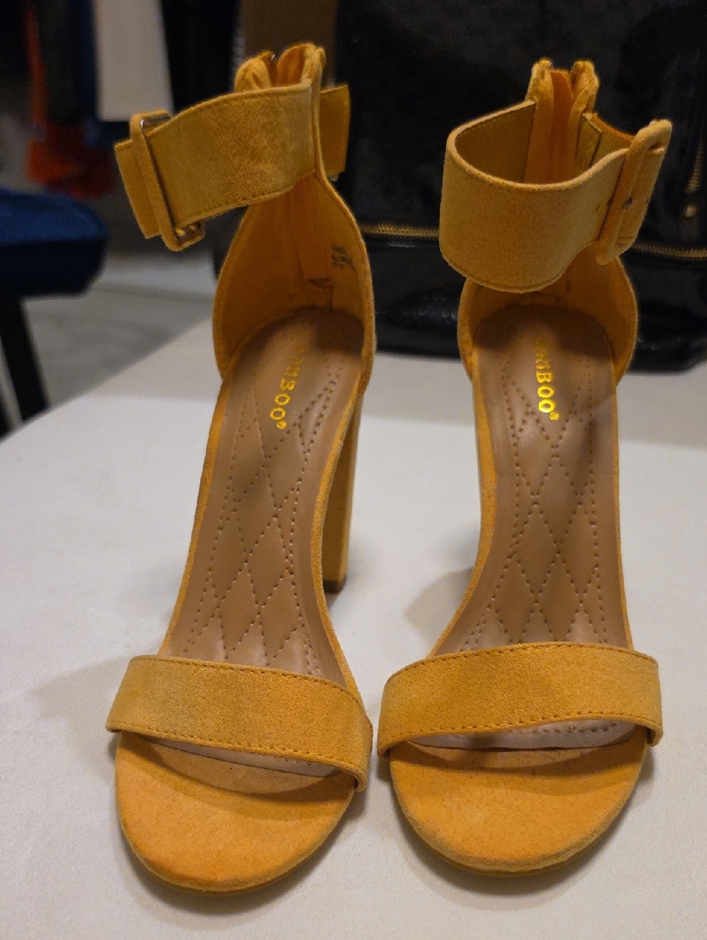 BAMBOO Suede-Look Ankle Strap Heels in Mustard Yellow